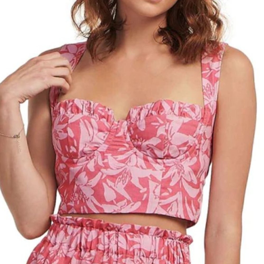 NWT Charlie Holiday Tropical Hawaiian Hibiscus Pink Linen Cotton Crop Top XS